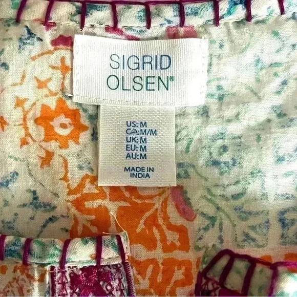 Sigrid Olsen Boho 100% Cotton Geometric Embroidered Peasant Tunic Top Size M - Picture 11 of 15